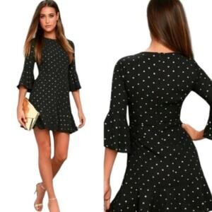 Lulus She's Dot It Going On Gold and Black Polka Dot Dress - sz M - NWT